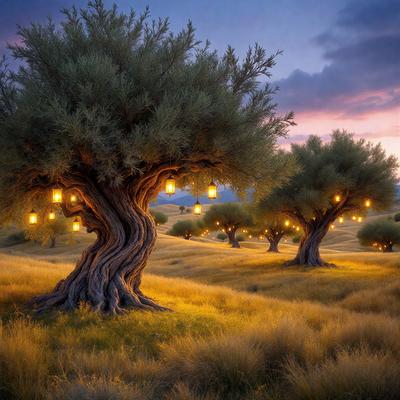 The primary subject of the image is a tree with a light on it, surrounded by other trees. The setting is a grassy field with a hill in the background. The visual style is a photo, and the colors and mood are warm and serene.